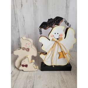 Vintage wooden standing ghost Halloween bat figure home decor set